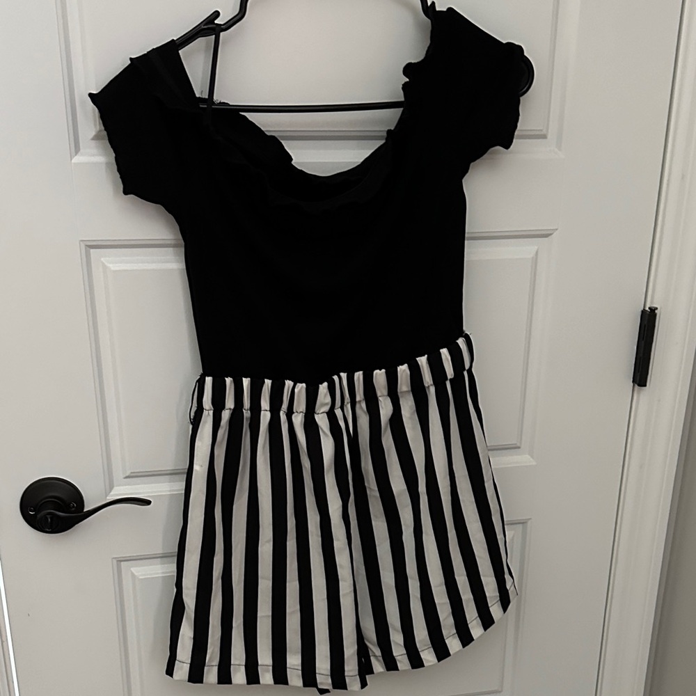 Black Top with Striped romper